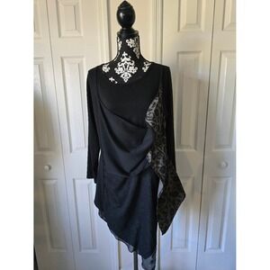 Black Asymmetric Layered Tunic Top Floral Damask Handkerchief Hem Long Sleeve